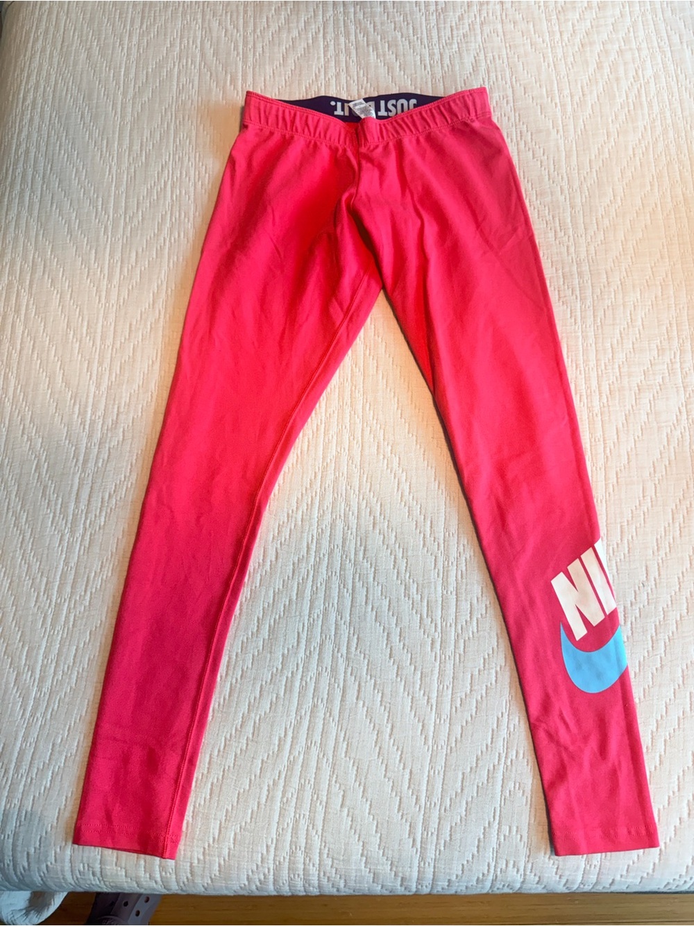 Nike Girls Bright Pink Leggings with Blue Swoosh